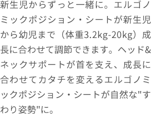 新生児からずっと一緒に。エルゴノミックポジション・シートが新生児から幼児まで(体重3.2kg-20kg)成長に合わせて調節できます。ヘッド&ネックサポートが首を支え、成長に合わせてカタチを変えるエルゴノミックポジション・シートが自然な