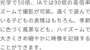 光学で50倍、iAでは90倍の高倍率ズームで撮影が可能。遠くで遊んでいる子どもの表情はもちろん、季節に色づく風景なども、ハイズームで大きくきめ細やかに映像を記録することができます。